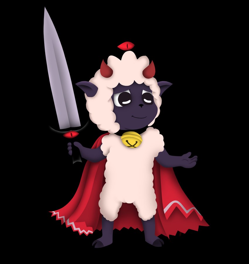 anthro bell bell_collar black_collar black_eyes cloak clothing collar fur holding_melee_weapon holding_object holding_sword holding_weapon horn melee_weapon red_cloak red_clothing red_horn simple_background solo sword transparent_background weapon white_body white_fur amegared cult_of_the_lamb massive_monster_(studio) lamb_(cult_of_the_lamb) bovid caprine mammal sheep alpha_channel digital_drawing_(artwork) digital_media_(artwork) hi_res lineless