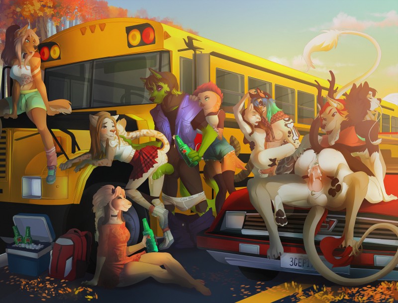 accessory alcohol anthro anthro_on_anthro antlers autumn balls beer bent_over beverage black_body black_fur blush bodily_fluids bottomwear bottomwear_down breasts brown_body brown_fur bus car choker clothed clothing commercial_vehicle crossdressing cum cum_from_ass cum_in_ass cum_inside cum_on_penis cum_overflow dress erection eyes_closed feathers female femboy from_behind_position from_front_position fur furgonomics genital_fluids genital_piercing genitals green_body green_fur green_penis group group_sex hair heart_eyes heart_symbol horn interspecies jewelry legwear long_tail male male/female male/male male_penetrating mastery_position multiple_subs necklace nipples nude on_hood orgy outside pants pants_down partially_clothed pawpads penetration penile_spines penis piercing plant public public_nudity public_transportation pussy raised_leg raised_tail red_hair ring school_bus sex sitting skirt sky tail tail_accessory tail_feathers tail_jewelry tail_ring tail_tuft tail_under_skirt tan_body tan_fur text text_on_clothing text_on_underwear thigh_highs tree tuft underwear underwear_down upskirt_sex vaginal vaginal_penetration vehicle vehicle_for_hire white_body white_fur white_hair kammi-lu subtler bluebird_body_co._(bus) international_(bus_chassis) david_gauthier ghost_(nhalafallon) raella_(tluuvyen) rasha_(kuromaki) avian bird bovid canid canine canis caprine domestic_cat domestic_dog domestic_sheep felid feline felis mammal owl sheep wolf 2016 absurd_res artist_collaboration digital_media_(artwork) hi_res shaded smaller_version_at_source