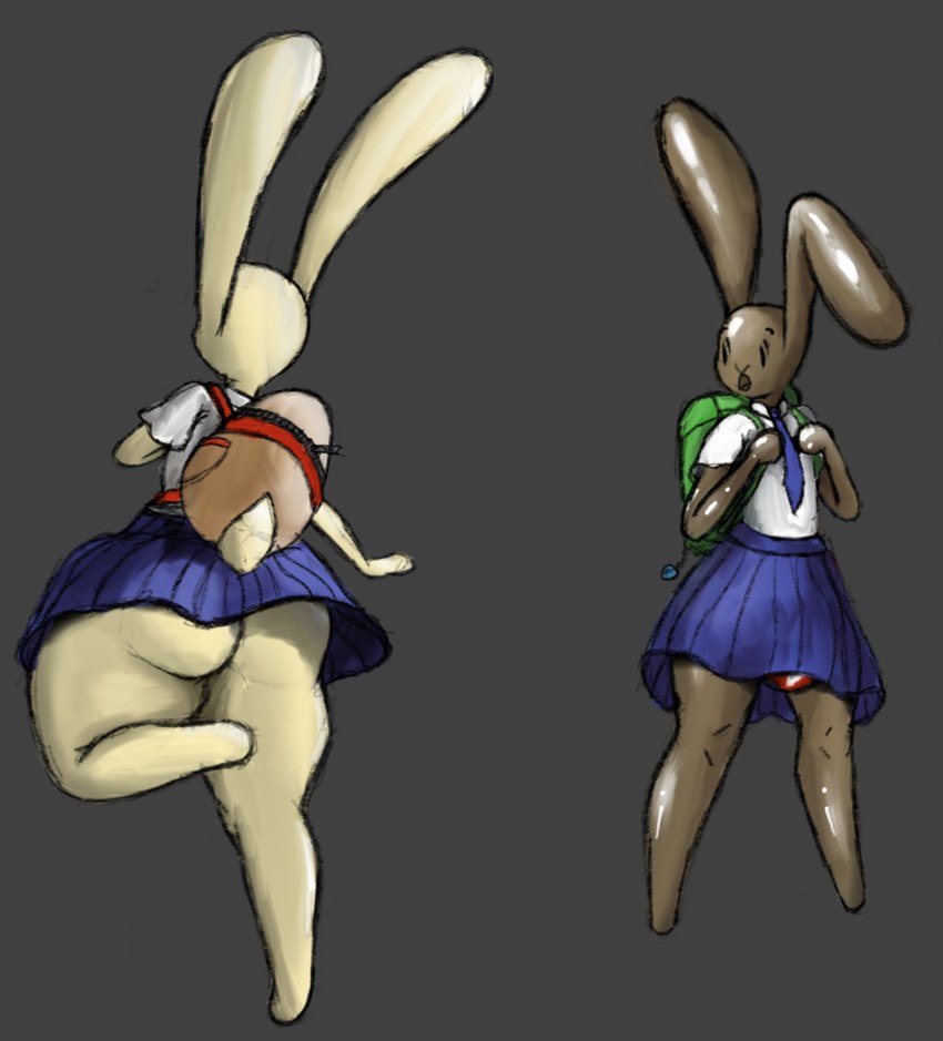 anthro backpack big_butt butt candy chocolate chocolate_bunny clothed clothing dessert duo egg female food school_uniform uniform upskirt lutha food_creature humanoid hi_res