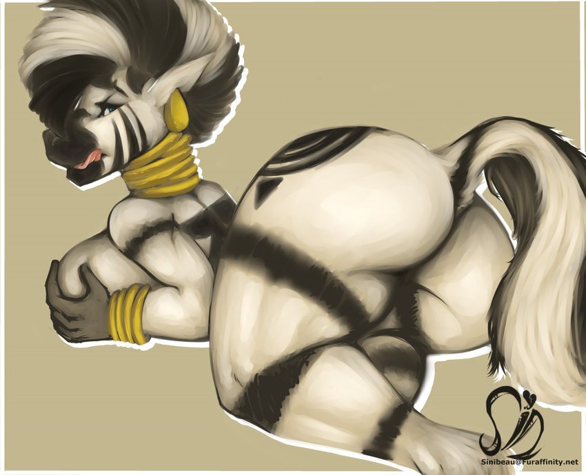 anthro big_breasts black_body black_fur breasts butt ear_piercing female fur gold_(metal) gold_jewelry jewelry licking licking_lips looking_at_viewer looking_back lying nude on_front piercing raised_tail simple_background solo tail text tongue tongue_out white_body white_fur sintacle friendship_is_magic hasbro my_little_pony zecora_(mlp) equid equine mammal zebra url