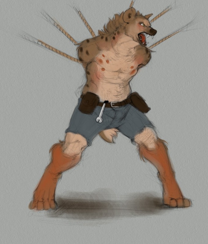 angry anthro bdsm bondage bottomwear bound clothed clothing fur growling male open_mouth rope short shorts solo submissive submissive_male teeth tools topless eyrich hyena mammal spotted_hyena hi_res