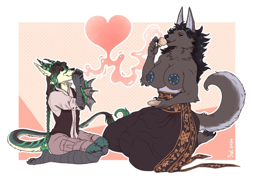 beverage big_breasts breasts clothing dress drinking female half_naked heart_symbol sitting tea salriaah mythology mrjakkal canid canine canis hybrid mammal mythological_canine mythological_creature werecanid werecanine werecreature werewolf wolf absurd_res hi_res