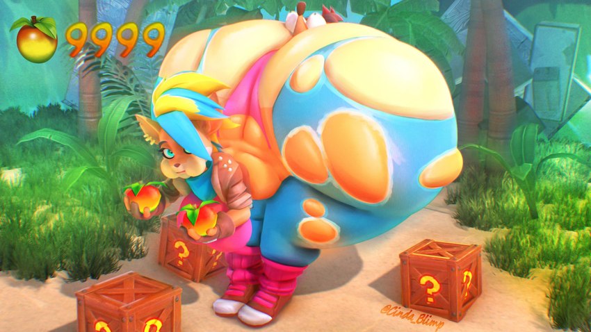 anthro big_butt bottomwear bulging_eyes butt butt_expansion butt_squish clothing duo eating eating_food expansion female food fruit highlights_(coloring) huge_butt hyper hyper_butt larger_female leg_warmers legwear male panties pants pink_clothing pink_panties pink_underwear plant score size_difference smaller_male squish torn_bottomwear torn_clothing torn_pants underwear wumpa_fruit cindablimp activision crash_bandicoot_(series) crash_bandicoot pirate_tawna bandicoot mammal marsupial hi_res