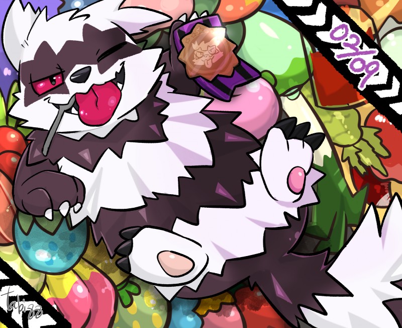 black_body black_fur feral food fur kemono one_eye_closed solo tongue tongue_out white_body white_fur wink tiri_mama nintendo pokemon pokemon-specific_day zigzagoon_day canid galarian_form galarian_zigzagoon generation_8_pokemon mammal pokemon_(species) regional_form_(pokemon) 2020 hi_res