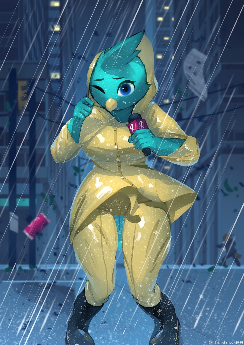 anthro beak blue_eyes bottomwear clothed clothing coat electronics feathers female green_body green_feathers hurricane microphone news news_reporter pants raincoat raining reporter solo storm topwear wind chickhawk96 abi_(notgenne) avian bird absurd_res hi_res