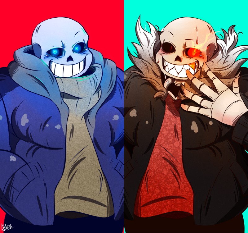 alternate_universe bodily_fluids bone clothed clothing duo hoodie male not_furry simple_background skeleton sweat topwear ahen3251 underfell undertale undertale_(series) sans_(underfell) sans_(undertale) animated_skeleton undead hi_res