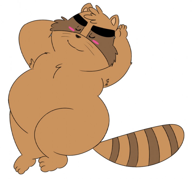 anthro barazoku belly blush blush_stickers brown_body brown_fur eyes_closed fur humanoid_hands male markings overweight overweight_anthro overweight_male pink_blush ring_(marking) ringed_tail simple_background solo striped_markings striped_tail stripes tail tail_markings white_background megacoolbear_(artist) alice_detective_bureau inspector_arai mammal procyonid raccoon 2017