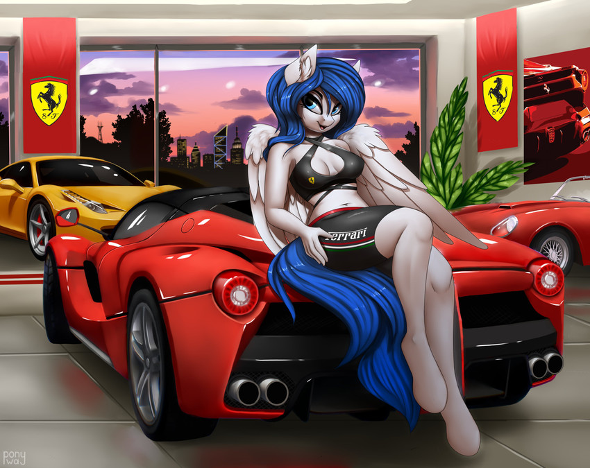 anthro blue_eyes blue_hair bottomwear breasts car clothing detailed_background female hair looking_at_viewer nude sitting solo topwear vehicle wings lightly-san ferrari hasbro my_little_pony mythology fan_character graceful_motion equid equine mammal mythological_creature mythological_equine pegasus absurd_res digital_media_(artwork) hi_res shaded