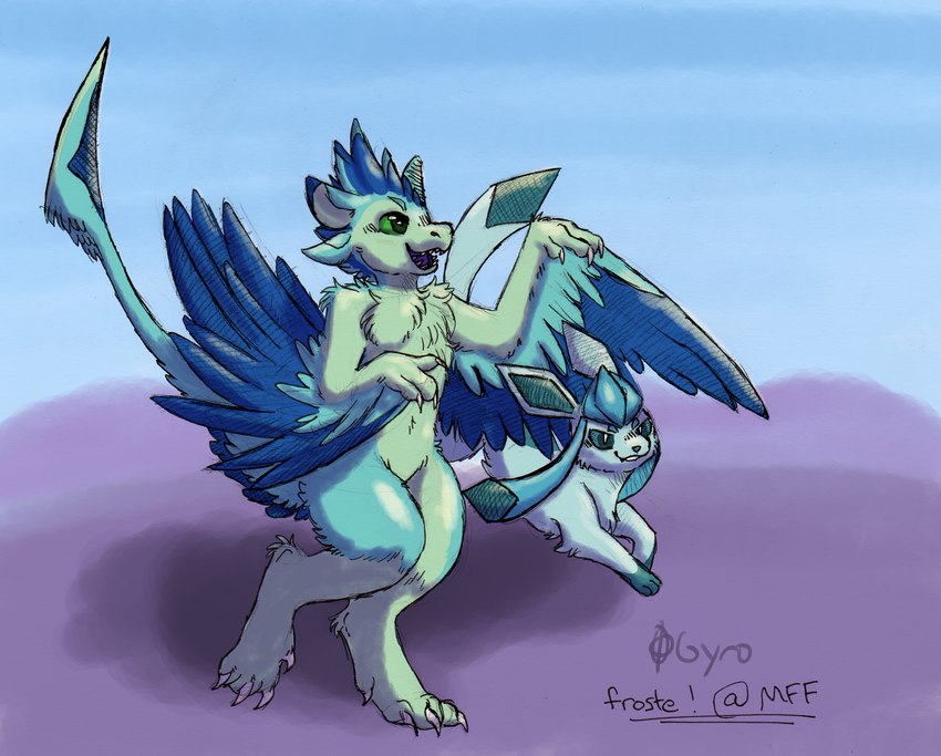 4_ears anthro blue_body blue_feathers countershading dewclaw digitigrade duo feathered_crest feathered_wings feathers female green_body green_eyes head_crest multi_ear open_mouth winged_arms wings froste gyrotech nintendo pokemon luvashi avali avian eeveelution generation_4_pokemon glaceon pokemon_(species) hi_res