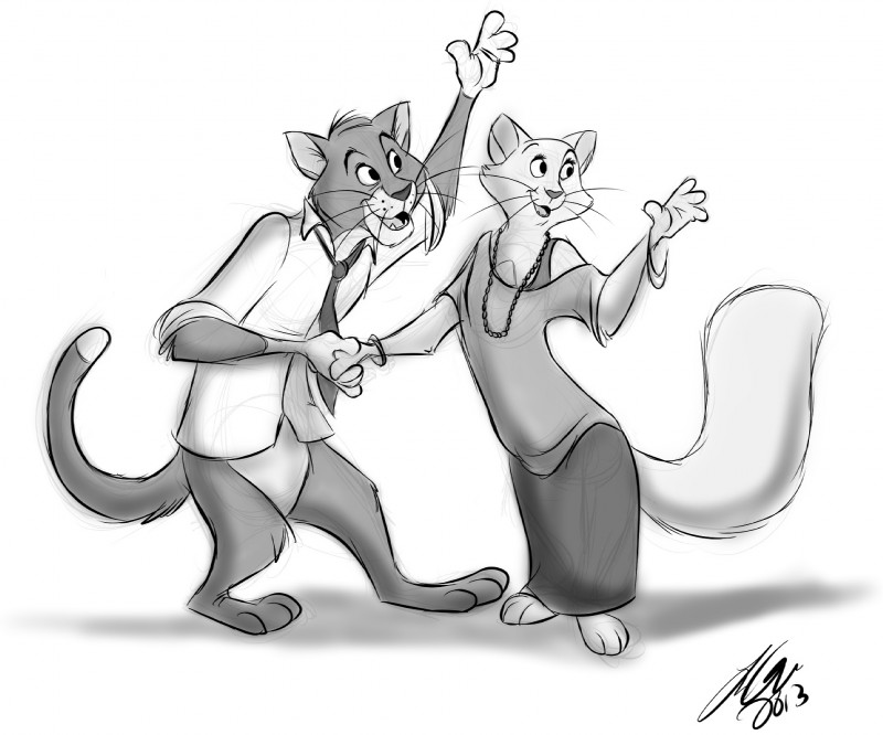 3_toes 4_fingers anthro anthrofied barefoot bottomwear clothing duo fangs feet female fingers jewelry male necklace necktie shirt skirt standing teeth toes topwear whiskers betsythebeaver disney the_aristocats duchess_(aristocats) thomas_o'malley domestic_cat felid feline felis mammal hi_res monochrome