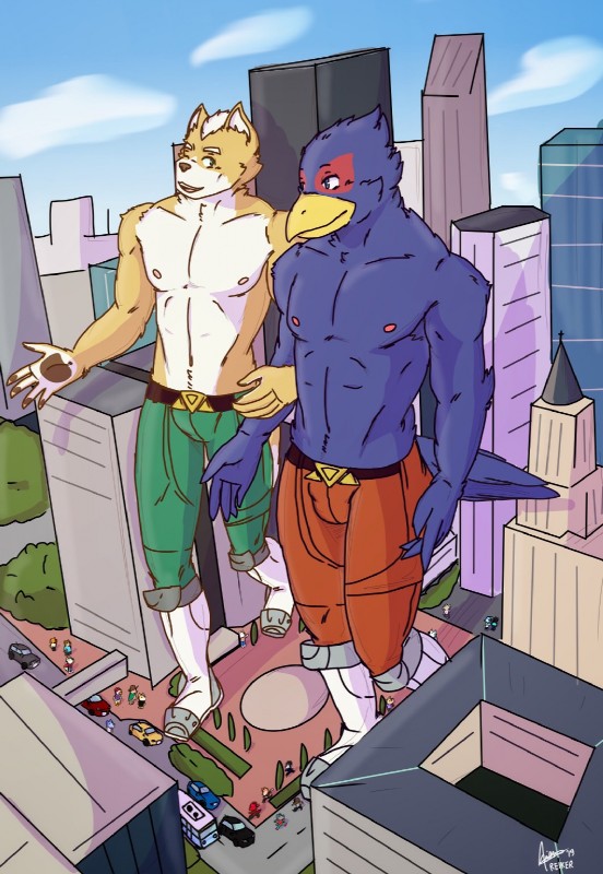 anthro boots building car city clothed clothing duo footwear high-angle_view macro male micro shoes stroll topless vehicle reiker nintendo star_fox falco_lombardi fox_mccloud avian bird canid canine fox mammal hi_res