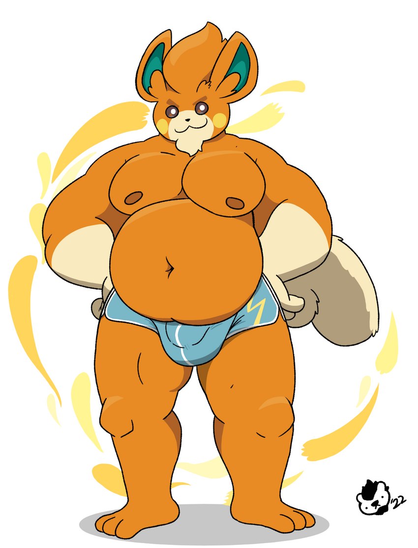 anthro belly bottomwear bulge clothing fluffy fluffy_tail fur hands_on_hips hotpants long_tail male moobs multicolored_body musclegut muscular navel nipples orange_body orange_fur overweight petals pompadour shorts simple_background solo tail tan_body tan_fur two_tone_body baron_montesque nintendo pokemon generation_9_pokemon mammal mouse murid murine pawmi pokemon_(species) rodent cel_shading digital_media_(artwork) hi_res shaded signature