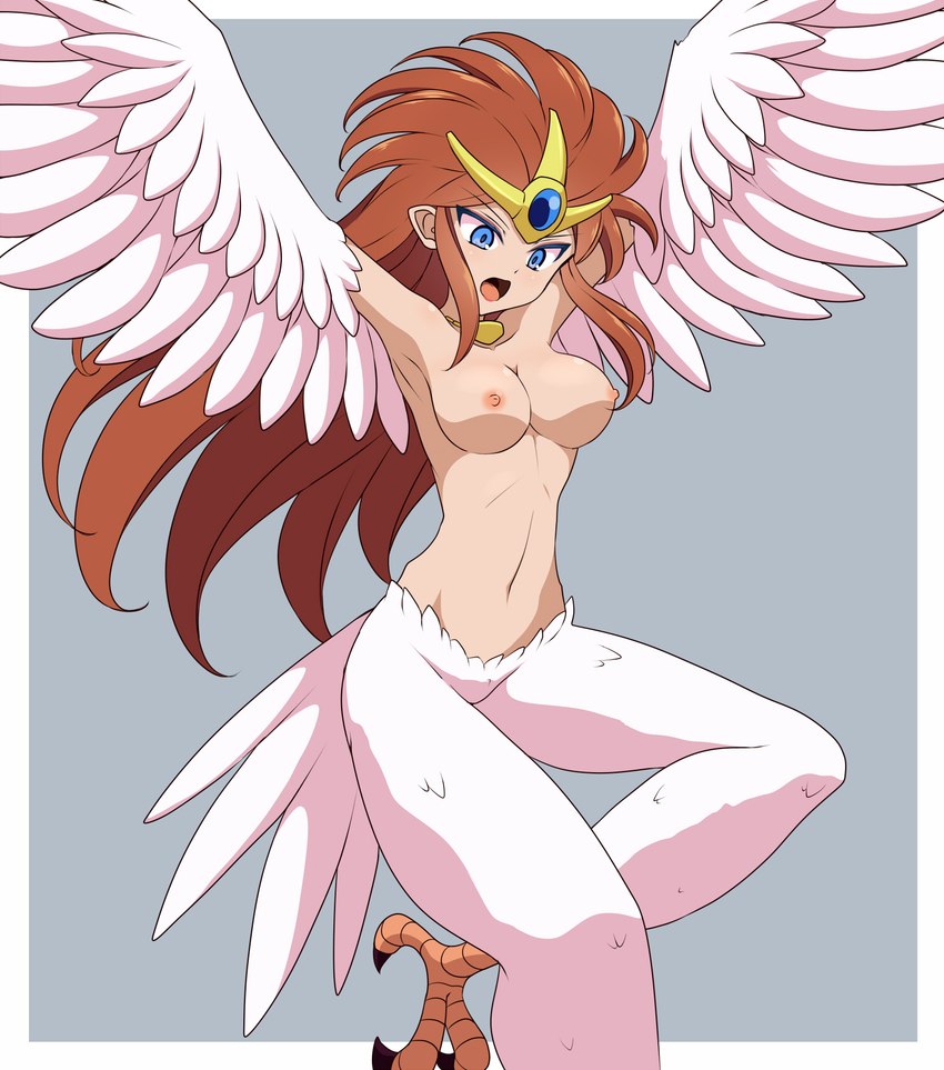 breasts brown_hair clothed clothing crown feathers featureless_crotch feet female hair headgear nipples nude talons tiara toes topless white_body white_feathers wings asaricurry european_mythology greek_mythology mythology pocky_and_rocky square_enix taito harpy_(pocky_and_rocky) animal_humanoid avian avian_humanoid bird_humanoid harpy humanoid mythological_avian mythological_creature hi_res