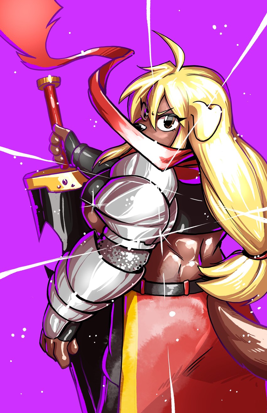 4_fingers anthro armor back_muscles big_breasts blonde_hair bottomwear breasts broadsword brown_body brown_eyes brown_fur clothed clothing crop_top female fingers fur hair holding_melee_weapon holding_object holding_weapon huge_breasts long_hair looking_back melee_weapon pants pauldron purple_background scarf shirt side_boob simple_background solo sword tail tied_hair topwear under_boob vambrace weapon anaugi miel_gallerte_(anaugi) canid canine canis domestic_dog mammal 2024 absurd_res hi_res