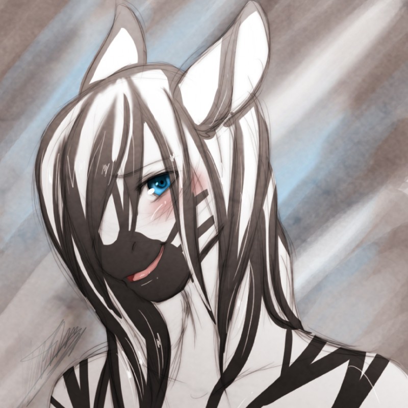 anthro black_body black_fur black_hair black_stripes blue_eyes femboy front_view fur hair hair_over_eye long_hair looking_at_viewer male multicolored_body multicolored_fur multicolored_hair one_eye_obstructed open_mouth simple_background smile snout solo striped_body striped_fur stripes textured_background two_tone_body two_tone_fur two_tone_hair white_body white_fur white_hair tartii stripes_(character) equid equine mammal zebra 1:1 2010 bust_portrait digital_media_(artwork) portrait restricted_palette signature