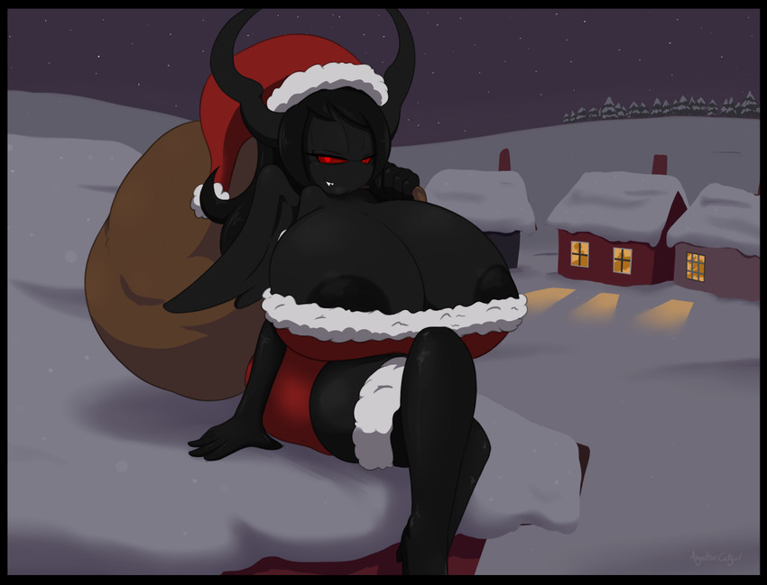 anthro areola areola_slip big_breasts black_body black_border black_hair black_horn border breasts christmas_clothing christmas_headwear clothing costume female hair hat headgear headwear holidays horn huge_breasts hyper hyper_breasts red_eyes santa_costume santa_hat solo teeth wings angelthecatgirl christmas the_binding_of_isaac_(series) eve eve_(angelthecatgirl) eve_(tboi) demon vampire