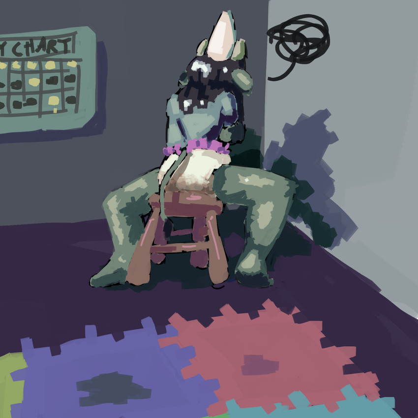 ambiguous_gender anthro chair clothed clothing daycare detailed_background diaper diaper_fetish dunce_cap emanata facing_wall feces frustration_cloud furniture green_body hat headgear headwear looking_away on_chair playmat pooping potty_chart potty_training shirt sitting sitting_on_chair soiled_diaper soiling soiling_diaper solo stain stained_diaper stool time-out topwear unclean_diaper used_diaper using_diaper wearing_diaper white_diaper for3v3r dee(for3v3r) animal_humanoid bovid bovid_humanoid bovine bovine_humanoid cattle_humanoid humanoid mammal mammal_humanoid 1:1 hi_res