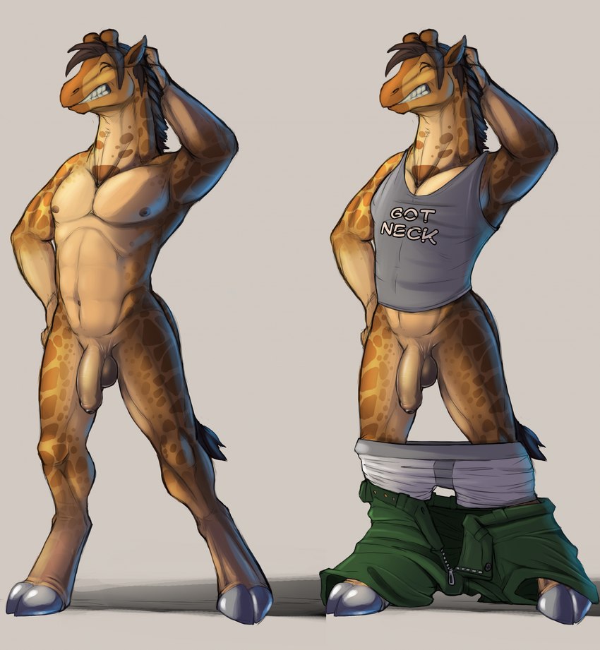 abs anthro areola athletic athletic_anthro athletic_male balls biped bottomwear bottomwear_around_ankles bottomwear_around_legs bottomwear_down boxer_briefs clothed clothing clothing_around_legs cloven_hooves eyes_closed flaccid foreskin genitals hand_behind_head hand_on_hip hooves horn humanoid_genitalia humanoid_penis long_neck male male_anthro markings muscular nipples nude ossicone pants pants_down partially_clothed pecs penis shirt shorts sleeveless_shirt smile spots spotted_body standing tail tail_tuft tank_top teeth topwear tuft underwear unguligrade unretracted_foreskin narse exotic_underground giraffe giraffid mammal 2011 absurd_res digital_media_(artwork) hi_res multiple_versions