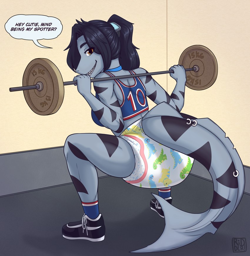 ageplay anthro barbell black_clothing black_footwear black_hair black_markings black_shoes blue_clothing blue_footwear blue_socks blue_topwear clothed clothing crouching diaper exercise female footwear grey_body grin hair infantilism looking_at_viewer markings pattern_diaper roleplay smile socks solo speech_bubble text topwear wearing_diaper weightlifting workout yellow_eyes riddlr mylene_(renderlook) fish marine shark absurd_res english_text hi_res