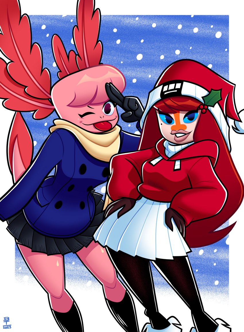 anthro blep blue_eyes bottomwear christmas_clothing christmas_headwear clothing coat duo female hat headgear headwear holidays holly_(plant) hoodie one_eye_closed plant santa_hat scarf skirt snow tongue tongue_out topwear wink winter wazzaldorp christmas real_axolotl_hours axey_(wazzaldorp) koi-chan amphibian amur_carp axolotl carp cyprinid cypriniform fish koi marine mole_salamander salamander typical_carp 2023 absurd_res hi_res