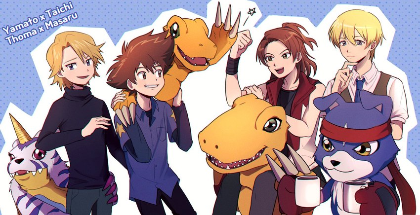 anthro blonde_hair brown_hair group hair male red_lyong bandai_namco digimon digimon_data_squad marcus_daimon matt_ishida taichi_kamiya thomas_norstein agumon digimon_(species) gabumon gaomon human mammal