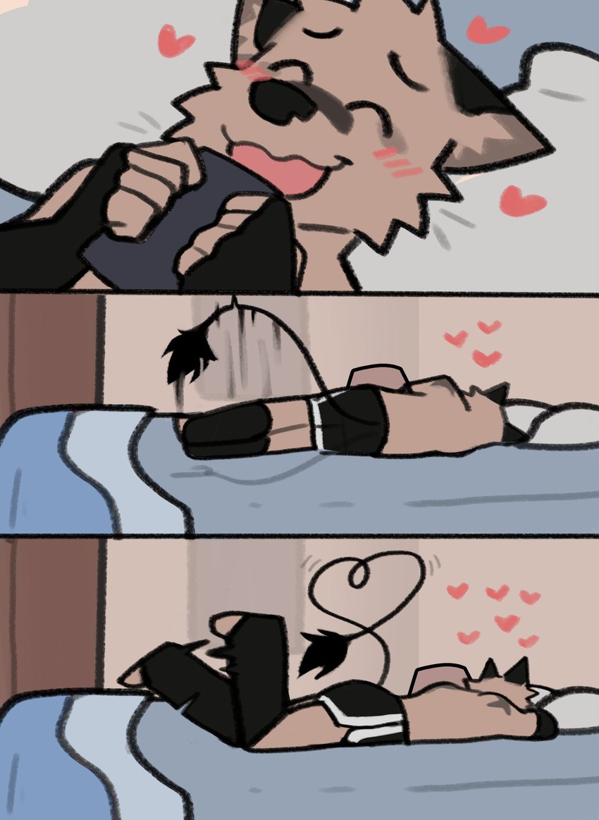 anthro bed blush cellphone clothed clothing electronics furniture heart_symbol male phone solo topless rygel_spkb canid canine canis mammal wolf absurd_res comic hi_res