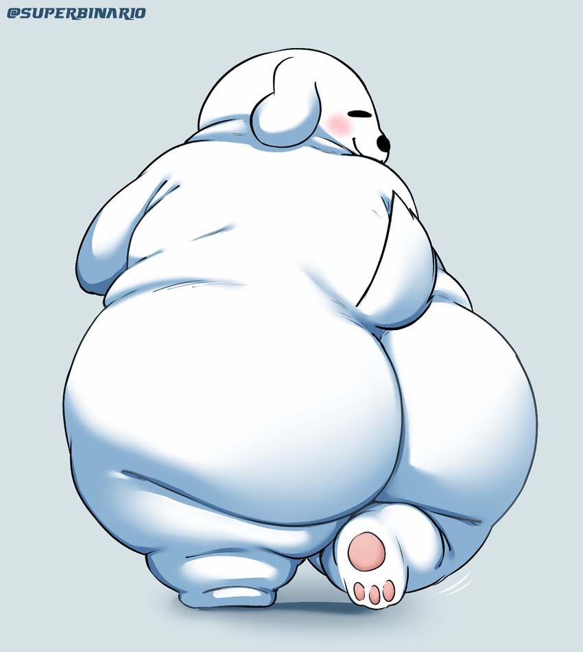 anthro big_butt blush bottom_heavy butt container cup male overweight overweight_male simple_background slightly_chubby slightly_chubby_anthro slightly_chubby_male smile solo white_body superbinario 3huntle0 canid canine canis domestic_dog mammal hi_res