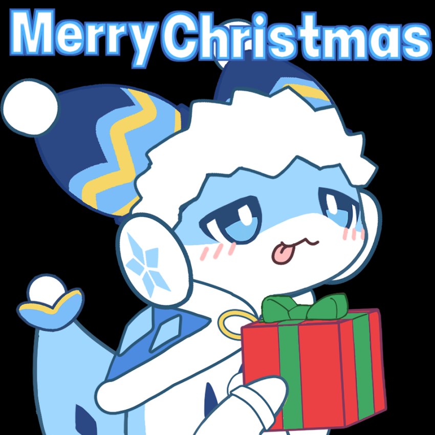 ambiguous_gender blep blue_body blue_eyes blue_fur blue_markings blush box christmas_clothing christmas_headwear clothing container feral fur gift gift_box headgear headwear holding_object holidays markings simple_background solo sticker_pack tongue tongue_out transparent_background flong christmas palworld pocketpair chillet mammal mustelid pal_(species) 1:1 2024 alpha_channel digital_media_(artwork)