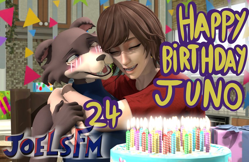 anthro blush brown_hair cake candle clothed clothing dessert duo eyes_closed female food gift hair happy happy_birthday hug male one_eye_closed self_insert joelsfm beastars joel_(joelsfm) juno_(beastars) canid canine canis human mammal wolf 2025 3d_(artwork) absurd_res digital_media_(artwork) hi_res source_filmmaker_(artwork)