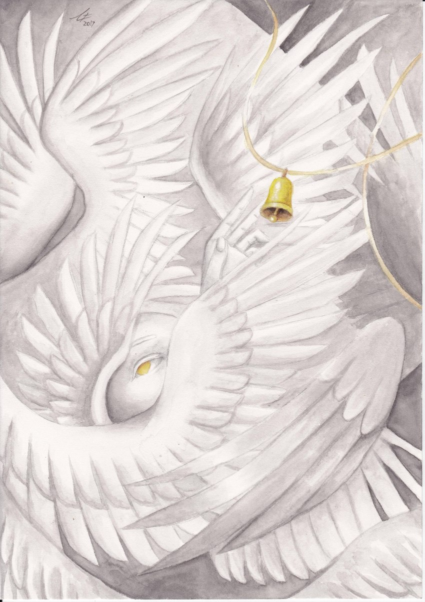 ambiguous_gender bell feathered_wings feathers multi_wing no_pupils solo spread_wings string white_body white_feathers white_wings wings yellow_eyes zhange scp_foundation scp-469 angel biblically_accurate_angel seraph_(angel) 2017 absurd_res dated hi_res monochrome restricted_palette signature traditional_media_(artwork) yellow_and_white