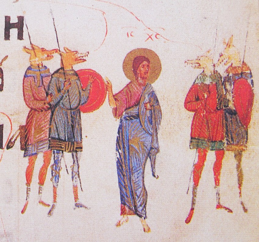 1397 anthro byzantine christianity for_a_head group halo male medieval medieval_clothing melee_weapon military polearm religion roman_clothing shield soldier spear text warrior weapon unknown_artist jesus_christ animal_head animal_humanoid canid canine canis cynocephalus domestic_dog human humanoid mammal wolf 14th_century ancient_art greek_text hi_res traditional_media_(artwork)