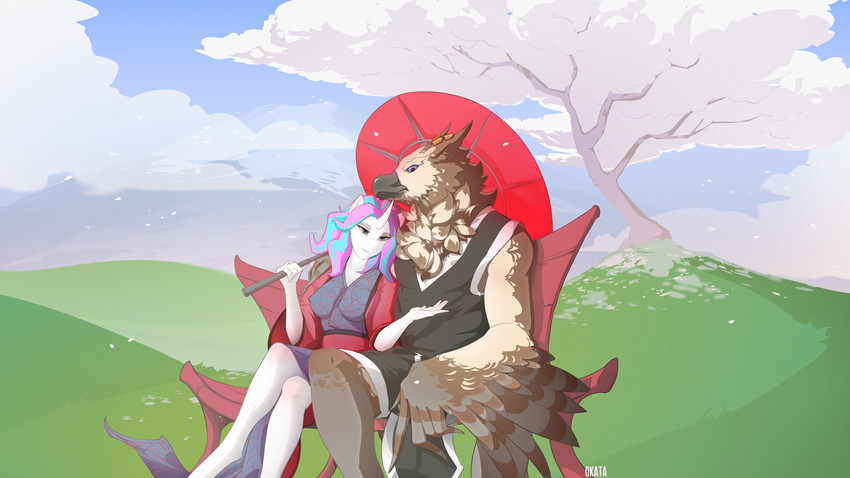 anthro asian_clothing bench cherry_blossom cherry_tree clothing cloud duo east_asian_clothing feather_hands feathered_wings feathers female flower fluffy fruit_tree hill hooves horn japanese_clothing kimono leaning_on male male/female parasol plant prunus_(flower) romantic romantic_couple sitting sitting_together tree unguligrade wings okata mythology diamond_mind avian equid equine gryphon mammal mythological_avian mythological_creature mythological_equine unicorn absurd_res hi_res