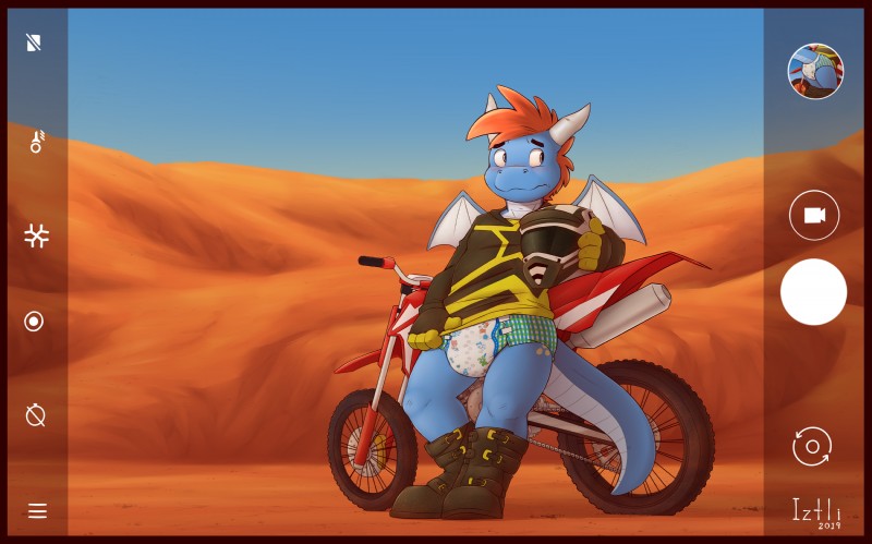 anthro armor blue_body blue_skin blush boots camera clean_diaper clothed clothing desert diaper footwear gloves hair handwear headgear helmet horn littlepawz_(diaper) looking_away male membrane_(anatomy) membranous_wings motorcycle orange_hair outside shirt shoes shy sky solo standing tail topwear vehicle wearing_diaper wetness_indicator wings iztli abuniverse littlepawz mythology bluescales dragon mythological_creature mythological_scalie scalie 2019 absurd_res hi_res