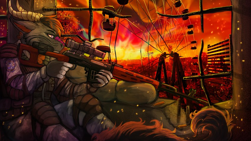 amusement_ride anthro brown_hair clothed clothing ferris_wheel fur grey_body grey_fur gun hair holding_gun holding_object holding_ranged_weapon holding_weapon horn male mouth_closed purple_eyes ranged_weapon ridged_horn short_hair sitting solo sunset svd tail tan_horn weapon acidic mythology wikrex dragon eastern_dragon furred_dragon furred_scalie mythological_creature mythological_scalie scalie 16:9 hi_res widescreen