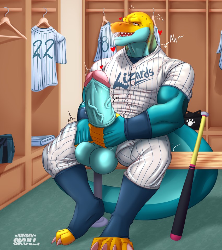 4_toes 5_fingers anthro athletic athletic_anthro athletic_male balls baseball baseball_bat baseball_uniform bat_(object) biceps big_balls big_penis blue_body blue_scales bottomwear claws clothed clothed_male clothed_masturbation clothing detailed_background feet fingers footwear foreskin genitals green_body green_eyes green_scales half-closed_eyes heart_symbol inside looking_pleasured looking_up male markings masturbation moan motion_lines narrowed_eyes non-mammal_balls open_bottomwear open_clothing open_mouth open_pants orange_body orange_scales pants penile penile_masturbation penis retracted_foreskin scales sharp_teeth sitting socks solo sportswear spots spotted_body spotted_scales stroking_penis teeth throbbing throbbing_penis toe_claws toes uniform vein veiny_penis yellow_body yellow_scales haydenskull monroe_lehner collared_lizard common_collared_lizard lizard reptile scalie 2024 digital_drawing_(artwork) digital_media_(artwork) hi_res shaded signature soft_shading