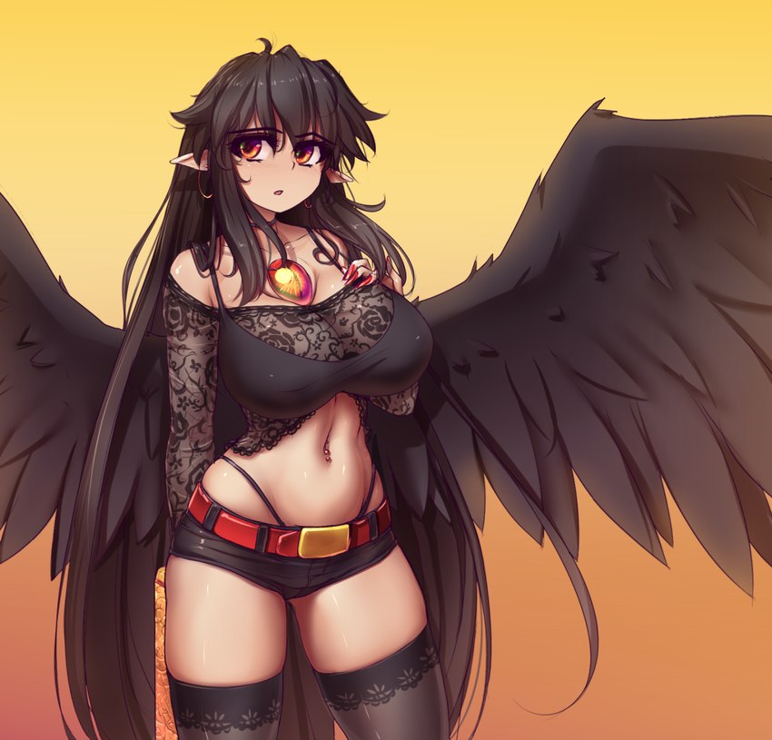 black_body black_bottomwear black_clothing black_feathers black_hair black_legwear black_shorts black_thigh_highs black_topwear bottomwear chest_gem choker clothing colored_nails ear_piercing ear_ring eyelashes feathered_wings feathers female gem hair humanoid_pointy_ears jewelry legwear long_hair nails navel navel_piercing necklace orange_background piercing pointy_ears red_eyes red_nails ring_piercing sharp_nails shorts simple_background solo tan_body tan_skin thick_thighs thigh_highs thong_straps topwear wide_hips wings hater_(hatater) asian_mythology east_asian_mythology japanese_mythology mythology touhou utsuho_reiuji animal_humanoid avian avian_humanoid bird_humanoid humanoid mythological_avian mythological_bird mythological_creature three-legged_crow winged_humanoid yokai hi_res