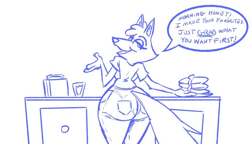 anthro big_butt breasts briefcase butt dialogue fangs female food kitchen_counter open_mouth pancake simple_background solo speech_bubble teeth text white_background wide_hips unknown_artist great_wolf_lodge the_great_wolf_pack:_a_call_to_adventure janice_wolf canid canine canis mammal wolf 2023 blue_and_white english_text monochrome