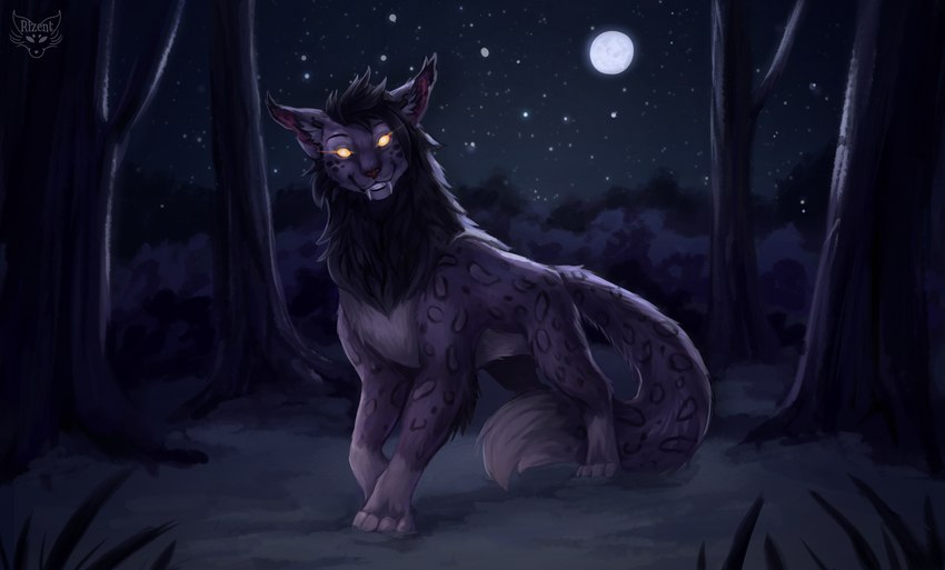 ambiguous_gender anamorphic_lens_flare black_lips black_mane brown_nose detailed_background digitigrade dipstick_tail ear_tuft fangs feral forest forest_background full_moon glowing glowing_eyes grin inner_ear_fluff leg_markings leopard_spots lips looking_at_viewer mane markings moon nature nature_background night outside plant sabertooth_(anatomy) side_view sky smile socks_(marking) solo spots star starry_sky tail tail_between_legs tail_markings teeth tree tuft yellow_sclera rizent noxik felid leopard mammal pantherine 2023 full-length_portrait hi_res portrait