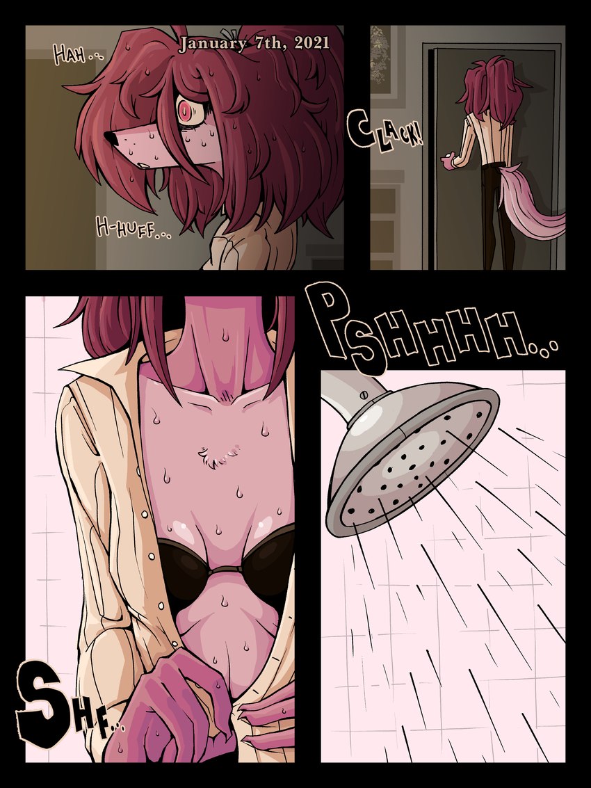 anthro bodily_fluids bra clothed clothing female fur hair homeless motel shower simple_background solo sweat tail text underwear ponporio homeless_dog canid canine canis domestic_dog mammal 3:4 absurd_res comic english_text hi_res