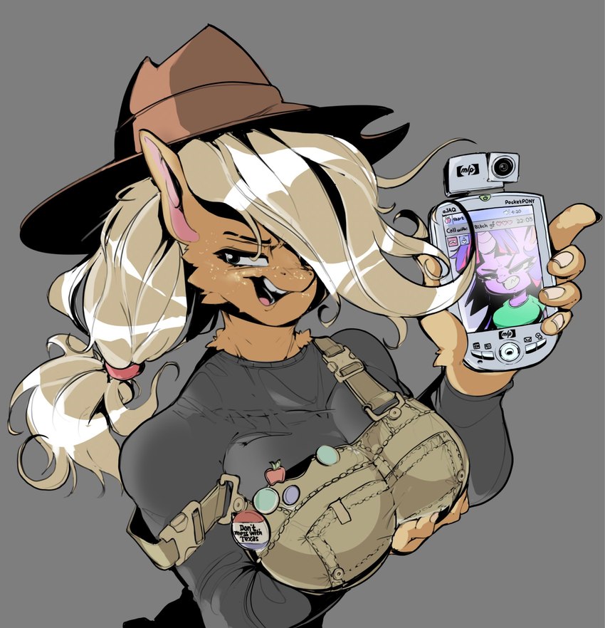 anthro anthrofied big_breasts blonde_hair breasts clothed clothing electronics female freckles hair hat headgear headwear multicolored_hair on_phone open_mouth personal_digital_assistant phone phone_call phone_number phone_screen pullover simple_background solo sticker stickers_on_body text awr_hey friendship_is_magic hasbro my_little_pony applejack_(mlp) twilight_sparkle_(mlp) equid equine horse mammal pony 2023 digital_media_(artwork) english_text hi_res