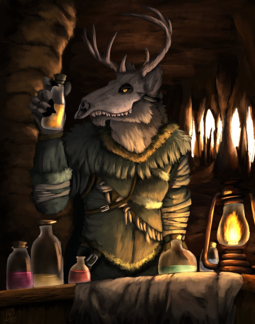 antagonist anthro arm_wrapping belt bone bottle brown_body brown_fur cave container firelight fur fur_lined_clothing lamp lean_body liquid male mask moody_lighting oil_lamp poison skull solo toxins villian yellow_eyes yenocwolf secrets_of_uncrom uncrom ivar_landvik canid canine canis dironic mammal valtalska_dercas wolf absurd_res hi_res