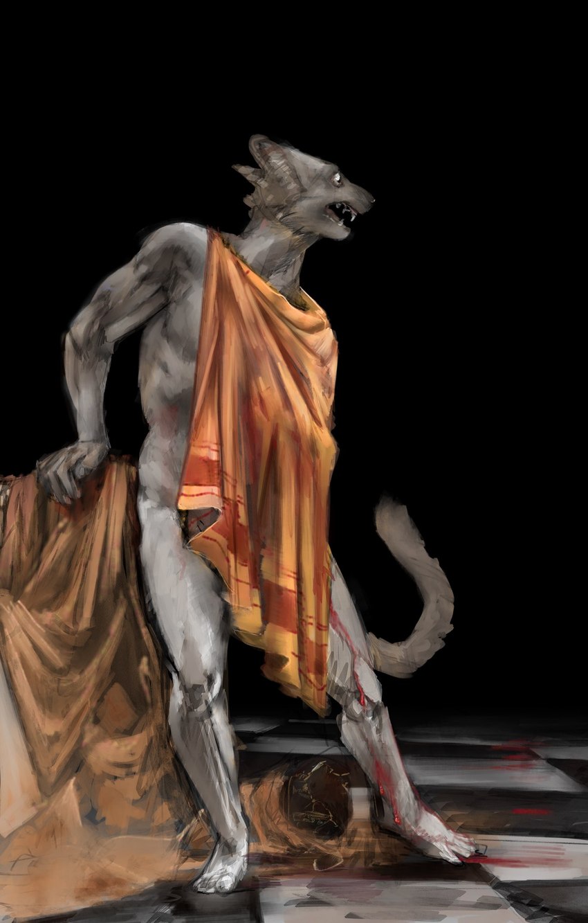 anthro bared_teeth blood blood_on_hand blood_on_leg blood_trail bodily_fluids clothing greek leaking_blood limping looking_aside male robe scared solo tongue wounded banoncat mammal mustelid musteline true_musteline weasel 2023 hi_res