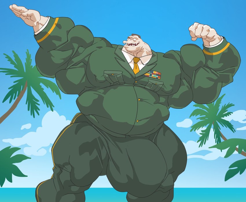 anthro balls_outline bulge clothing detailed_bulge genital_outline male military_uniform musclegut muscular muscular_anthro muscular_male palm_tree penis_outline plant pose sky solo tree uniform remert inside_job glenn_dolphman cetacean dolphin mammal marine toothed_whale 2024 hi_res