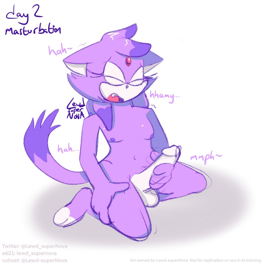 anthro areola bodily_fluids breasts genital_fluids genitals gynomorph hair_down intersex kneeling masturbation nipples penis precum purple_areola purple_nipples shaking small_breasts solo text whimper whimpering lewd_supernova nonstop_nut_november sega sonic_the_hedgehog_(series) blaze_the_cat felid feline mammal 1:1 english_text hi_res