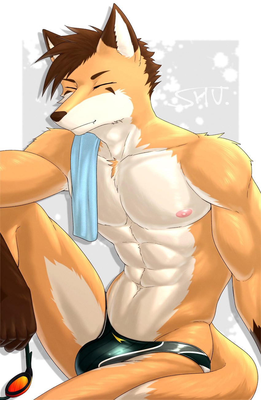 abs anthro athletic athletic_male bulge clothing eyes_closed eyewear goggles male nipples sitting solo speedo swimming_goggles swimwear towel towel_on_shoulder kemo_shu canid canine fox mammal absurd_res hi_res