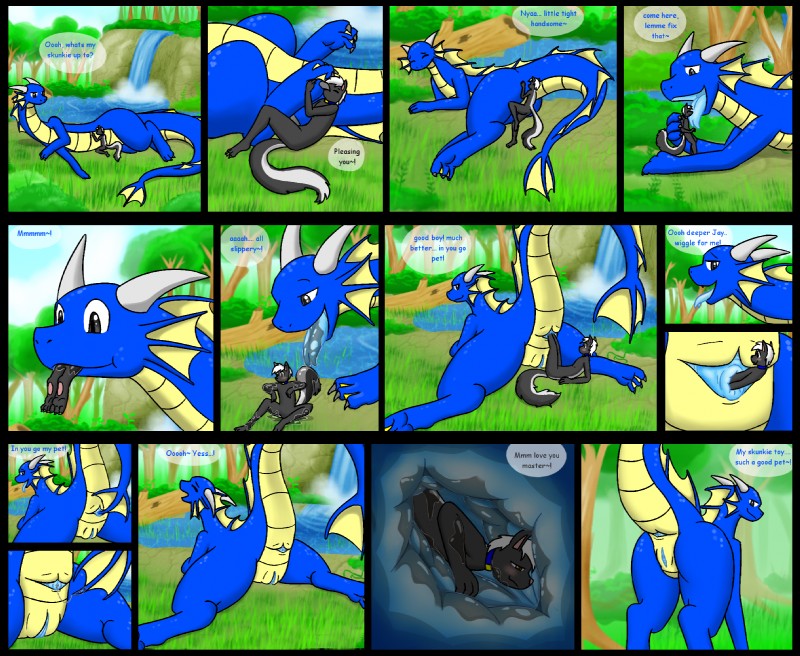 anal anal_vore anthro anus duo female feral genitals good_boy grass male plant pussy tail text vore water waterfall willing_prey livinlovindude mythology jizzal umiriko dragon mammal mephitid mythological_creature mythological_scalie scalie skunk 2015 comic english_text hi_res