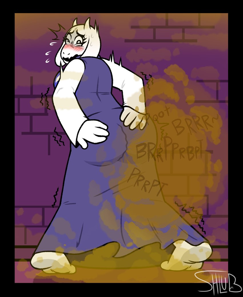 anthro barefoot blush butt clothing dress fart fart_cloud fart_fetish feet female fur solo white_body white_fur pornshlub undertale undertale_(series) toriel boss_monster_(undertale) bovid caprine goat mammal 2023 absurd_res hi_res