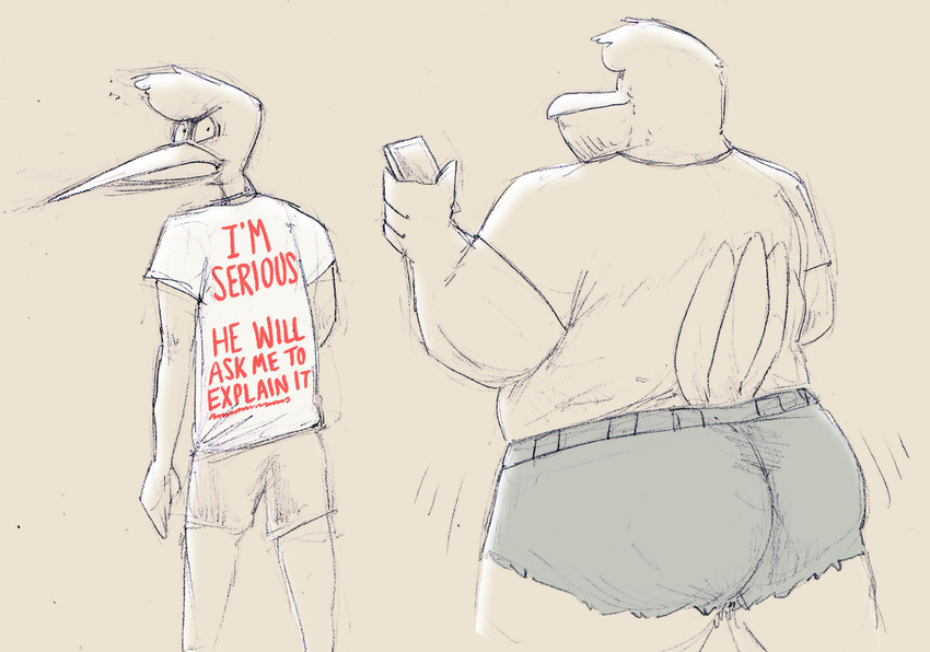 annoyed anthro beak beard belly big_belly big_butt bottomwear butt cellphone clothed clothing denim duo electronics eyebrows facial_hair feathers hair holding_object hotpants humor looking_back male mature_anthro mature_male overweight overweight_male pecs phone shaking_butt shirt shorts smartphone standing thick_eyebrows tight_clothing toony topwear torn_clothing walking wide_hips sosososleazy avian bird stork 2020 hi_res monochrome portrait sketch three-quarter_portrait father_(lore) father_and_child_(lore) father_and_son_(lore) parent_(lore) parent_and_child_(lore) parent_and_son_(lore) son_(lore)