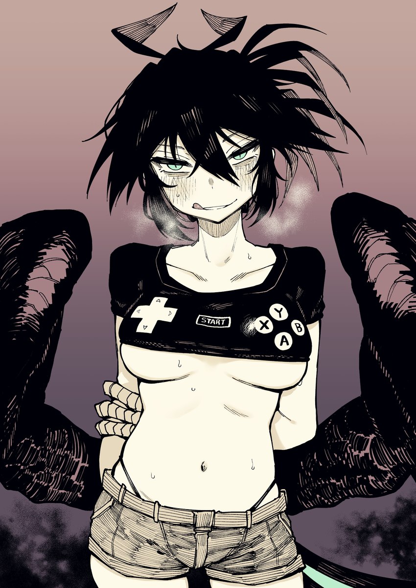 bangs bedroom_eyes biped black_body black_clothing black_crop_top black_feathers black_hair black_panties black_shirt black_topwear black_underwear black_wings blush blush_lines bodily_fluids bottomwear breasts breath butt_wings claws clothed clothed_female clothed_humanoid clothing collarbone commentary contrapposto crop_top denim denim_bottomwear denim_clothing denim_shorts feathered_wings feathers female female_humanoid fingers front_view hair hair_between_eyes hands_behind_back highleg highleg_panties hotpants licking licking_lips looking_at_viewer medium_breasts messy_hair midriff monster_girl_(genre) narrowed_eyes navel no_bra panties panting pose print_clothing print_shirt print_topwear pupils seductive shirt short_hair shorts skimpy slim slim_female slim_humanoid slit_pupils smile smiling_at_viewer solo spiky_hair standing sweat teal_eyes thigh_gap tongue tongue_out topwear under_boob underwear unusual_wing_placement wings karasu_raven crow-chan_(karasu_raven) animal_humanoid avian avian_humanoid bird bird_humanoid corvid corvid_humanoid corvus_(genus) corvus_humanoid crow_humanoid humanoid oscine passerine winged_humanoid absurd_res hi_res pinup portrait restricted_palette three-quarter_portrait