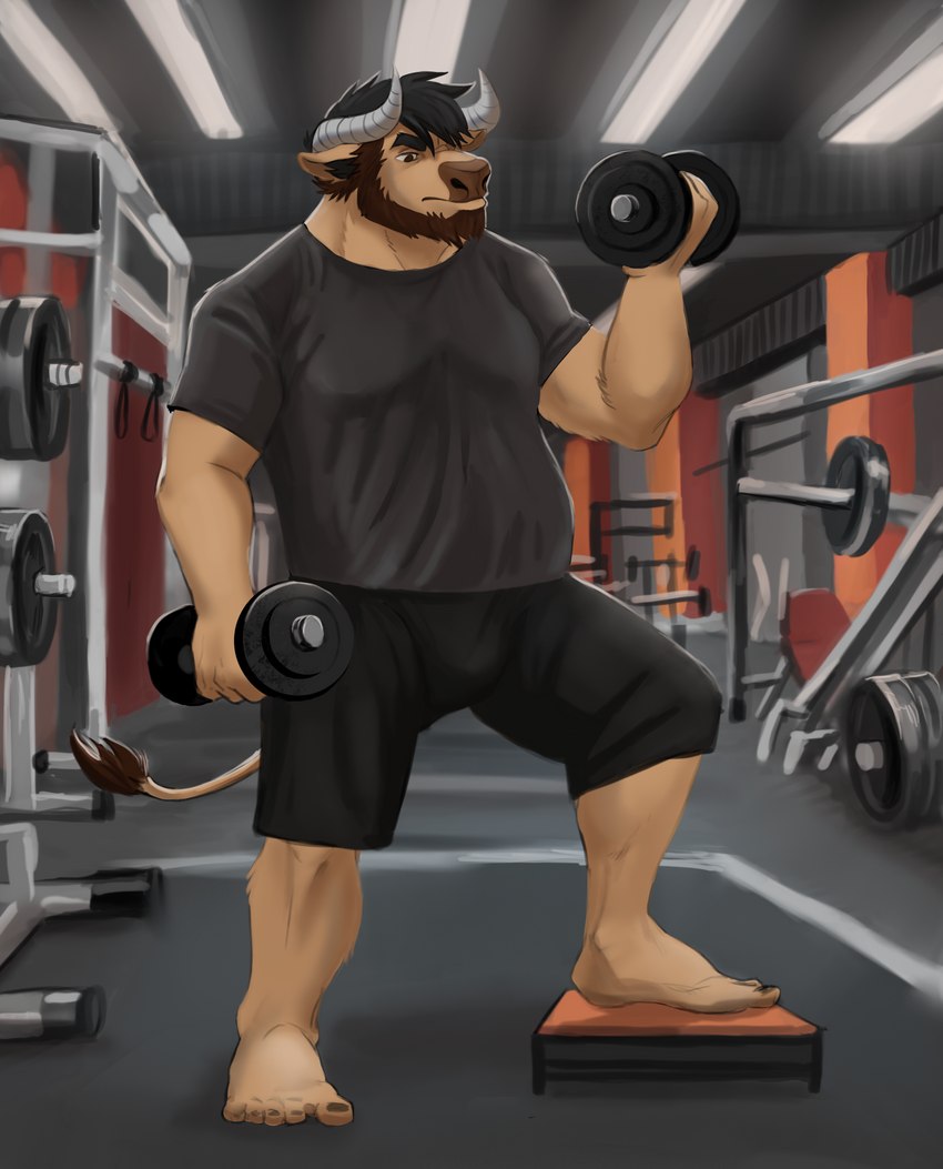 clothing flexing gym male solo chlorine_artworks bovid bovine cattle mammal absurd_res hi_res